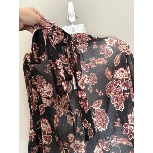 NY&Co Sheer Floral Blouse Medium Front Back Tie Neck  Fall Tones Ruched Sleeves - Picture 12 of 15